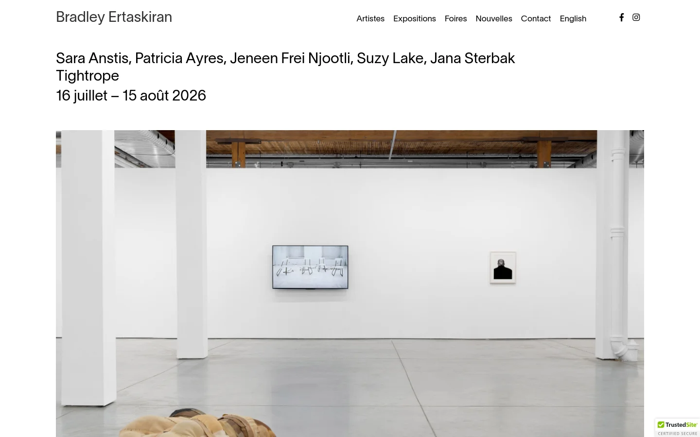 The desktop homepage for Bradley Ertaskiran gallery features a minimalist white background with a top navigation menu including links for Artists, Exhibitions, and News. The hero section displays a large photograph of a contemporary art installation in a bright, white-walled gallery space, accompanied by exhibition titles and dates.