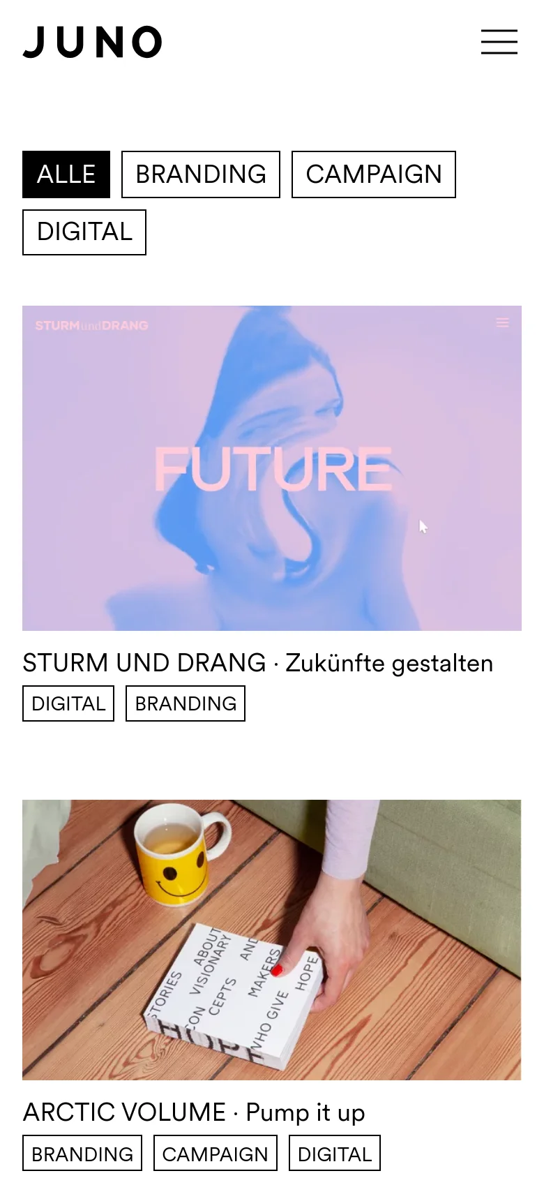 The mobile version maintains the minimalist aesthetic but uses a vertical layout. The navigation menu is collapsed into a hamburger icon at the top right, and the project filter buttons are stacked or wrapped to fit the narrower screen width. Project images and their corresponding titles and tags are displayed in a single-column scrollable format.