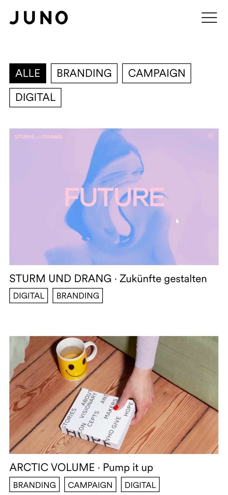 The mobile version maintains the minimalist aesthetic but uses a vertical layout. The navigation menu is collapsed into a hamburger icon at the top right, and the project filter buttons are stacked or wrapped to fit the narrower screen width. Project images and their corresponding titles and tags are displayed in a single-column scrollable format.