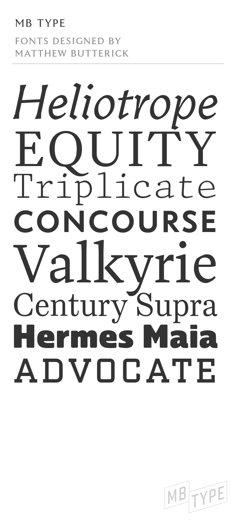 The mobile version maintains the minimalist white and black aesthetic but stacks the font samples vertically to fit the narrow screen. The list of font names is longer, including Valkyrie, Century Supra, Hermes Maia, and ADVOCATE, all displayed in their respective typefaces.
