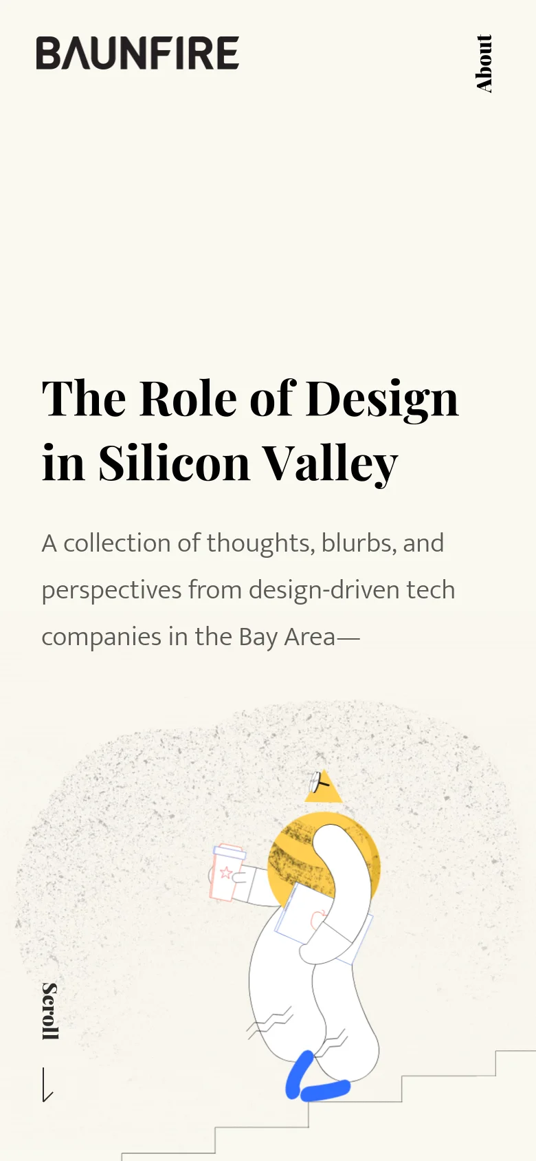 The mobile version maintains the same minimalist cream aesthetic and serif typography but shifts to a vertical stack. The headline and subheadline are centered at the top, followed by the large abstract illustration below them, with the 'Scroll' indicator positioned at the bottom left.