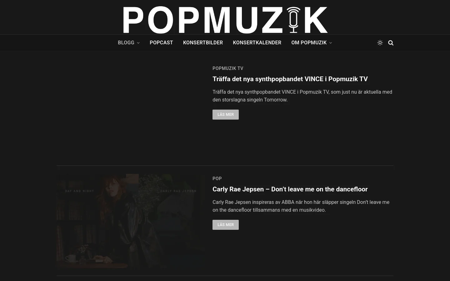 The desktop blog page features a dark theme with a large white 'POPMUZIK' logo and a navigation menu including Blog, Popcast, and Concert Pictures. The layout displays a vertical feed of blog posts, each consisting of a rectangular thumbnail image on the left and text content on the right, including category labels, headlines, and brief descriptions. Primary calls to action are 'LÄS MER' buttons located under the text.