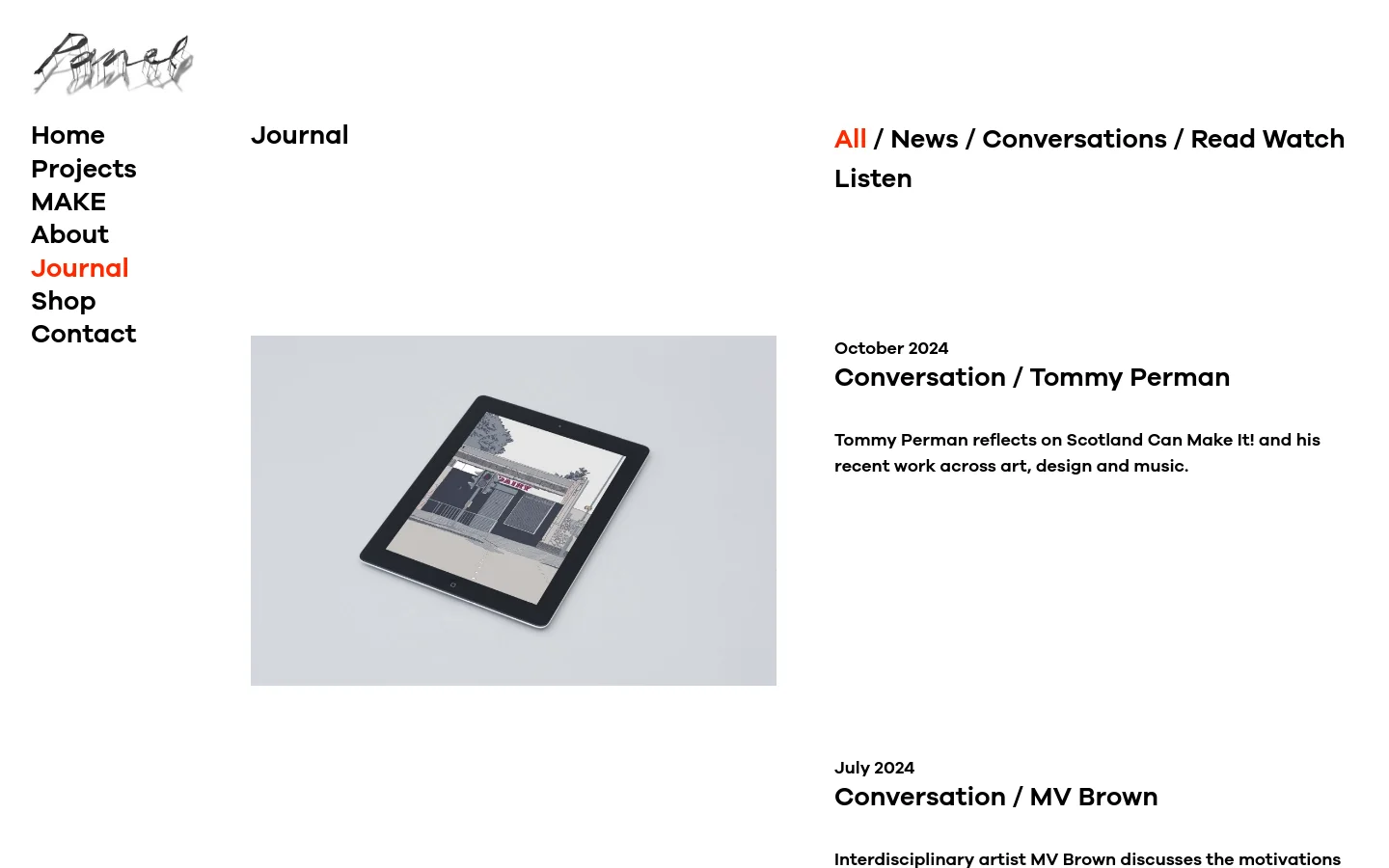 The Journal page features a minimalist white layout with a sidebar navigation menu on the left containing links like Home, Projects, and Journal. The main content area displays a list of articles, starting with a large image of a tablet displaying a black and white photo, followed by the headline 'Conversation / Tommy Perman' and a brief description. A category filter menu at the top right includes options such as All, News, Conversations, Read, Watch, and Listen.