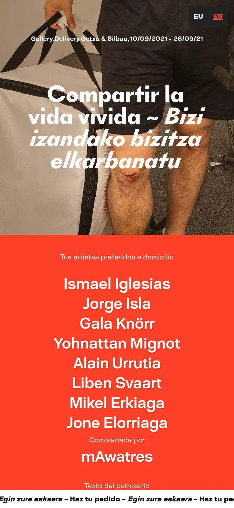 The mobile version presents a vertically stacked layout, beginning with the photographic hero image at the top, followed by the red section containing the artist list and text below. The navigation menu is condensed, and the large white text is centered to fit the narrower screen width.