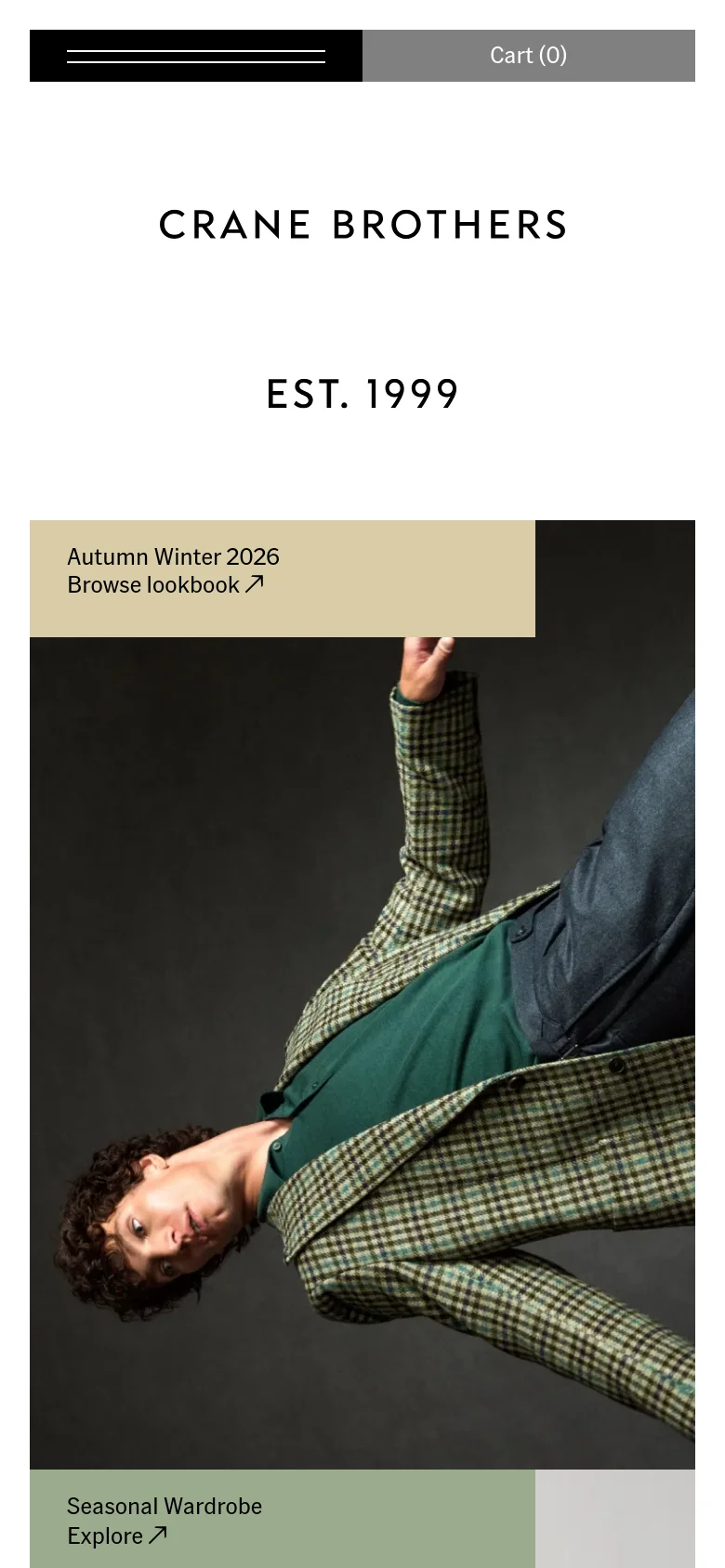 Crane Brothers mobile homepage with a stacked layout. The hero section features a vertical arrangement of high-fashion imagery and a sage green call-to-action box for the Autumn Winter 2026 lookbook.