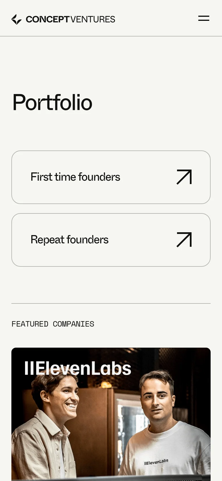 Concept Ventures portfolio page on mobile with a stacked layout. The First time founders and Repeat founders navigation cards are vertically arranged above the featured companies section, utilizing a single-column flow and a hamburger menu.