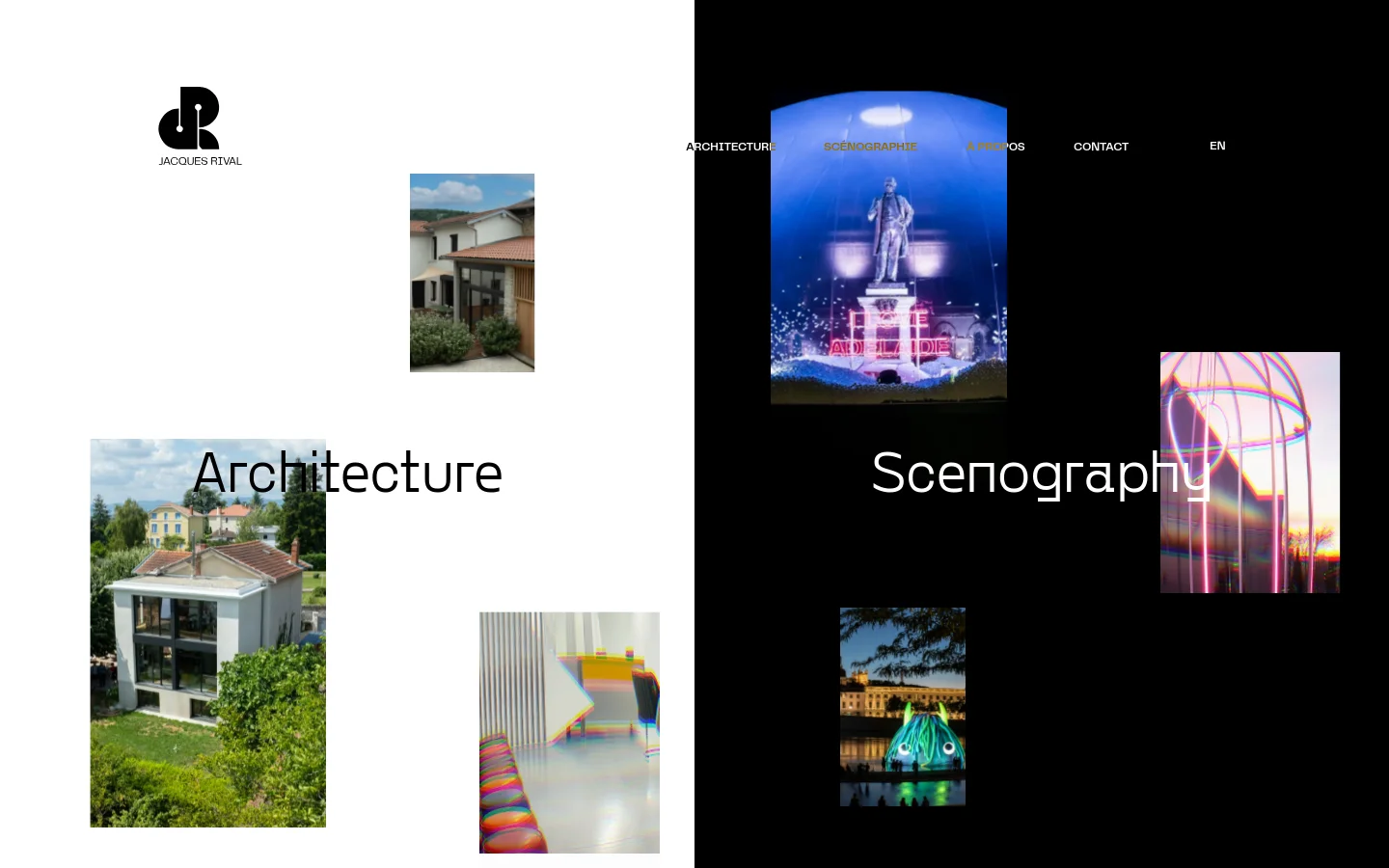The desktop homepage features a minimalist split-screen design with a white left side and a black right side. Large, clean typography displays 'Architecture' on the white side and 'Scenography' on the black side, with a subtle logo for Jacques Rival in the top left corner. Navigation links are arranged horizontally across the top of the screen.