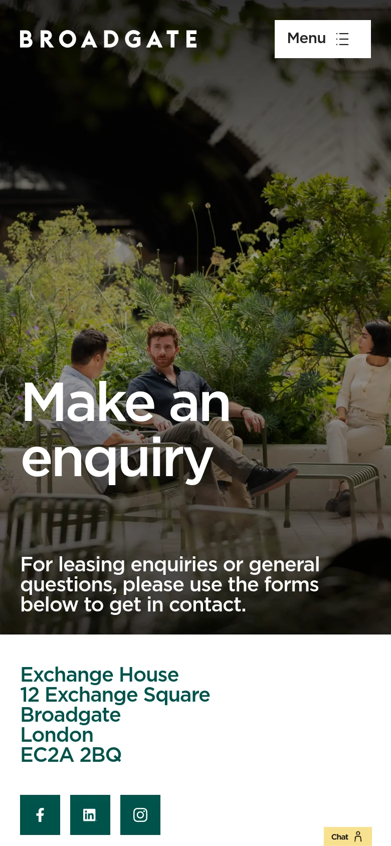 The mobile version shows the same garden hero image and 'Make an enquiry' headline, but the layout is vertically stacked. The top navigation is replaced by a 'Menu' button with a hamburger icon, and the address and social media icons are displayed prominently at the bottom of the screen.