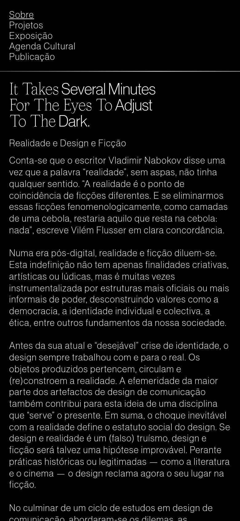 The mobile version presents a single-column layout on a black background. The navigation links are listed vertically at the top, followed by the large serif headline and the long body text, which flows vertically below the header without the side-by-side poster image seen on desktop.
