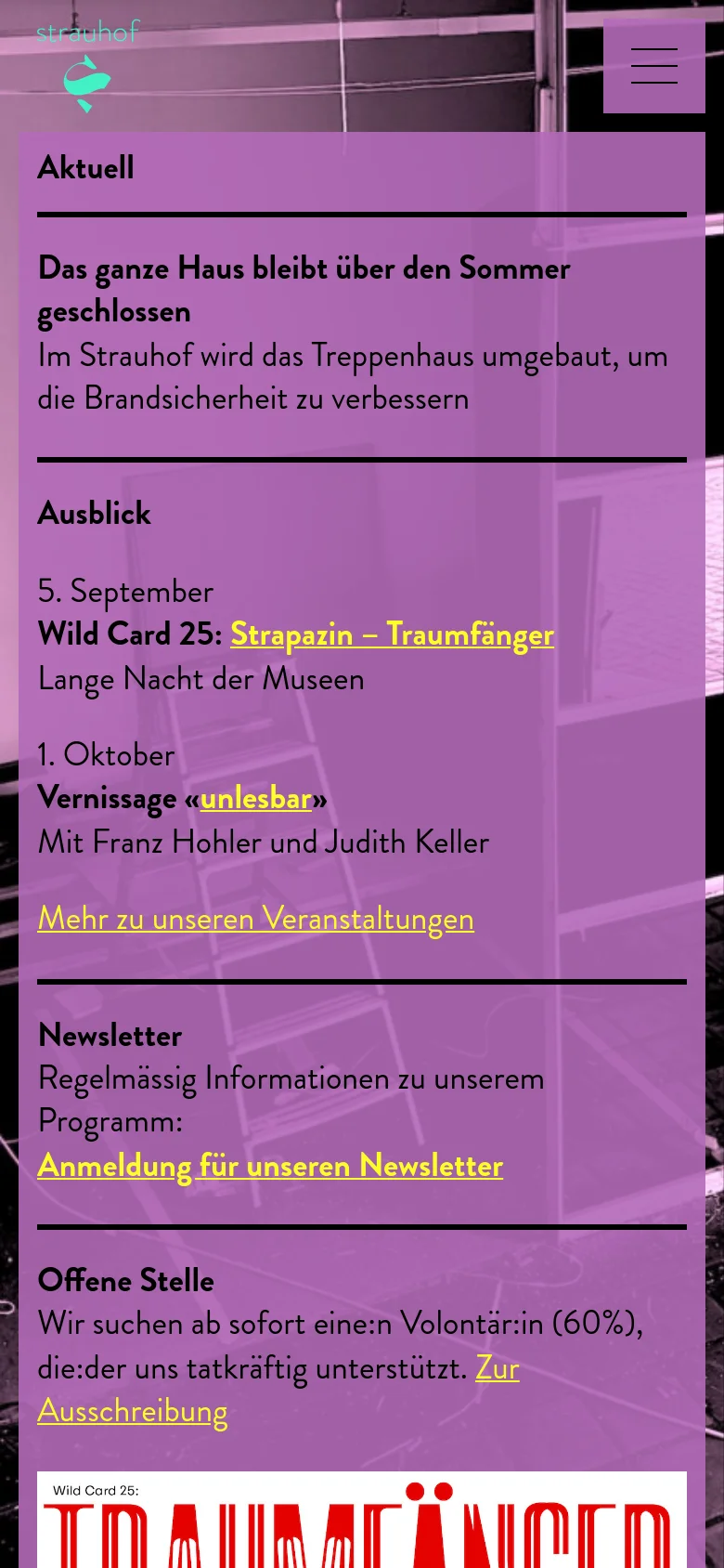 The mobile version uses a single-column vertical layout with a simplified header containing a hamburger menu icon. The content is stacked vertically, starting with news about the building closure, followed by event listings, newsletter registration, and job openings. The large artistic illustration is moved below the main text content.