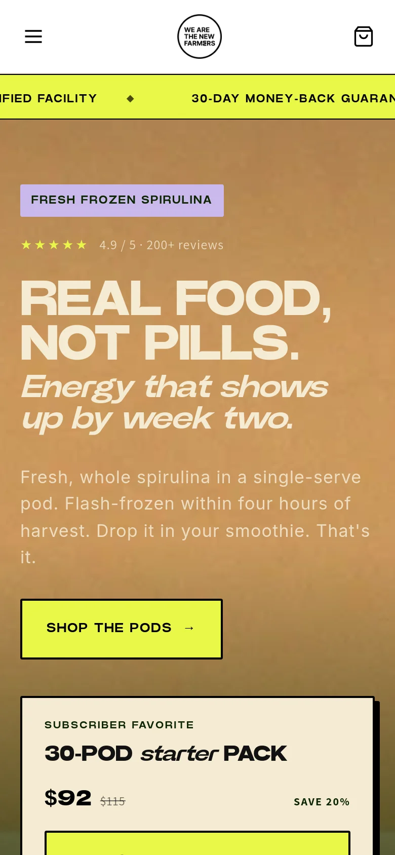 The mobile version presents a vertically stacked layout with the same warm brown background and bold white headline. The hero image and text are centered, and the '30-pod starter pack' promotional box is positioned at the bottom of the screen, making the 'Shop the pods' button the primary focus.