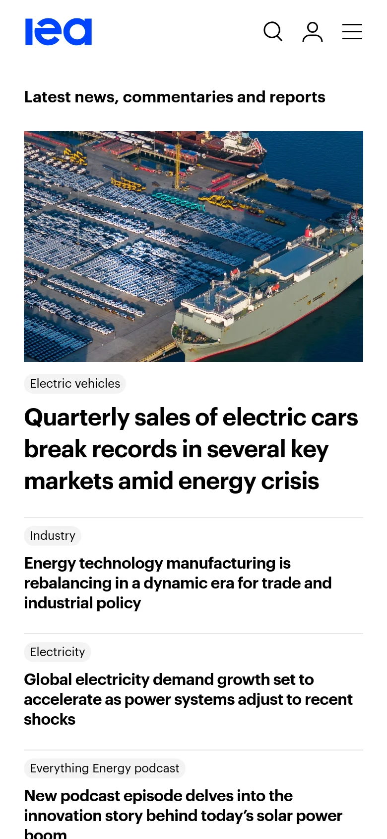 The mobile version presents a simplified vertical layout with a hamburger menu and search icon at the top. The main content focuses on a single-column stack, starting with a large hero image of a vehicle transport ship and its corresponding headline. News articles and event listings follow in a vertical scroll, removing the side-by-side grid structure seen on desktop.