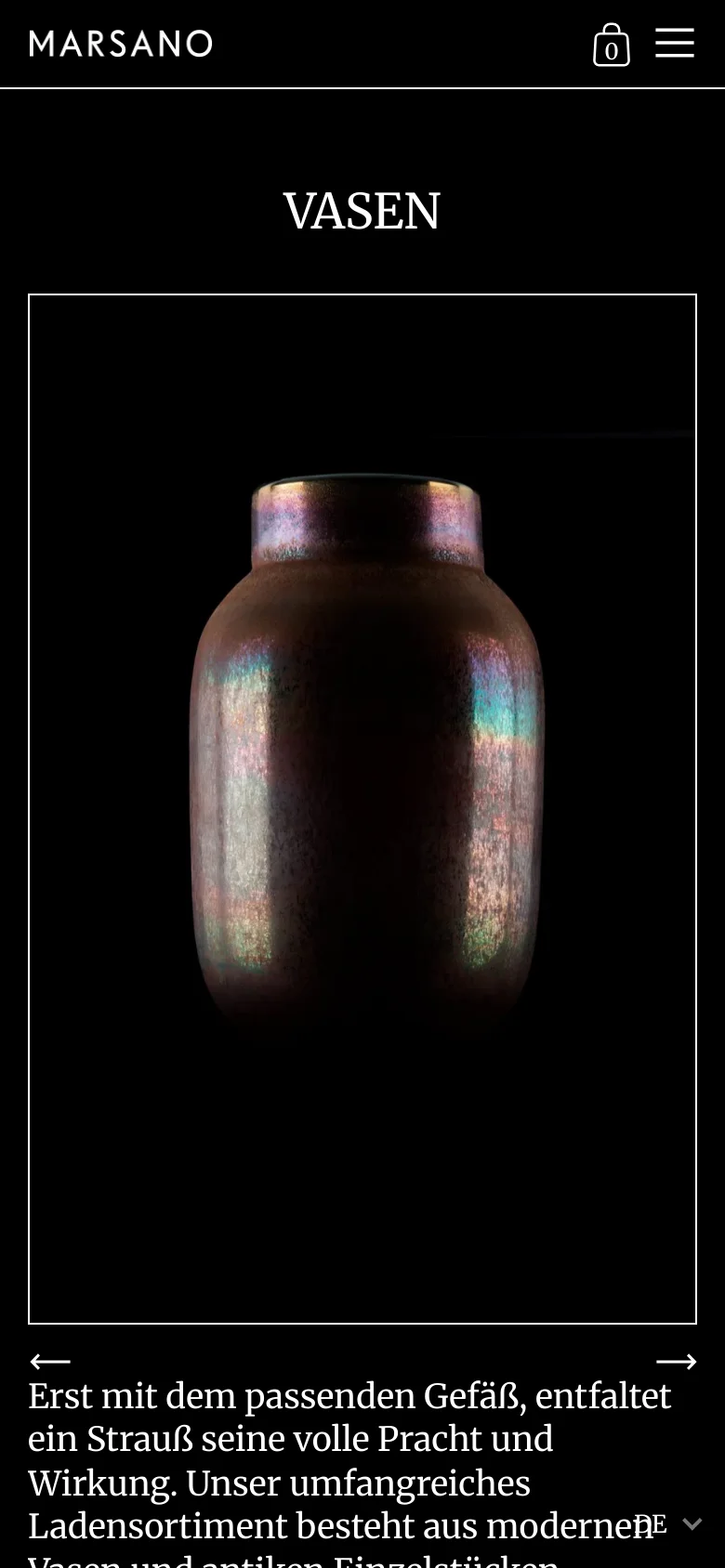 The mobile version maintains the dark aesthetic and central iridescent vase imagery but uses a condensed layout. The top navigation is replaced by a hamburger menu icon and a shopping bag icon, while the large 'VASEN' headline and text content are stacked vertically below the main image.