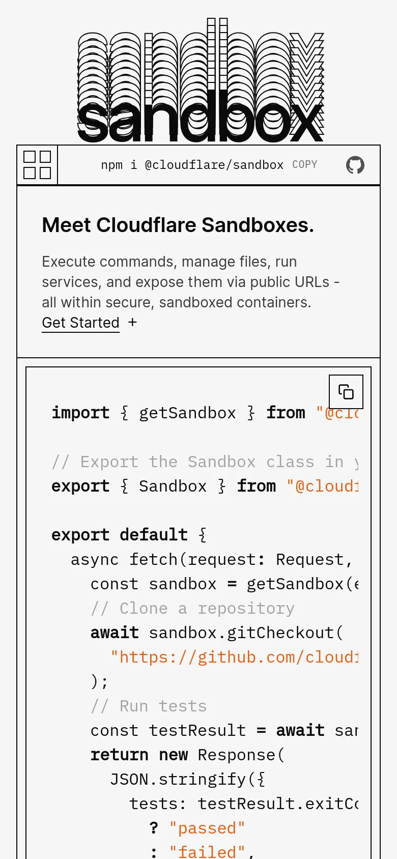 The mobile version presents a vertically stacked layout, beginning with a condensed version of the 'sandbox' graphic. The main content follows, featuring the 'Meet Cloudflare Sandboxes' headline and description, followed by a full-width code block that occupies the majority of the screen.