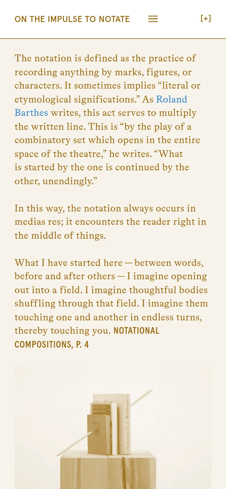 The mobile version maintains the cream and black color scheme but transitions to a single-column vertical layout. The text is centered and scaled for readability, with the header 'On the Impulse to Notate' followed by a hamburger menu icon and a large, prominent text block that spans the width of the screen.
