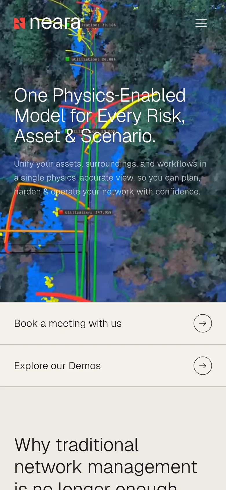 The mobile version presents a vertically stacked layout with a condensed navigation menu represented by a hamburger icon. The hero section features the same digital twin imagery and headline, but the primary call-to-action buttons are now full-width rows positioned below the hero text. The background remains a colorful, data-rich aerial map of a utility network.