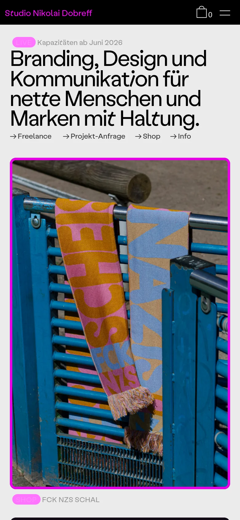 The mobile version uses a vertical layout with a large, prominent headline and navigation links stacked below. The header is condensed, showing the studio name and a shopping cart icon. A single, large featured image of a colorful scarf dominates the initial view, followed by text descriptions and links.