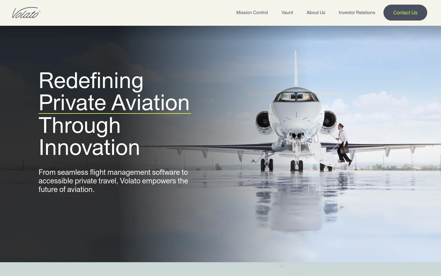 The desktop homepage features a wide hero image of a white private jet on a wet tarmac under a bright sky, with the headline 'Redefining Private Aviation Through Innovation' overlaid on the left. A clean white navigation bar at the top includes the Volato logo and links for Mission Control, Vaunt, About Us, Investor Relations, and a dark 'Contact Us' button. Below the hero section, a light grey section titled 'Our Mission' displays a high-angle shot of a laptop and monitor showing data dashboards.