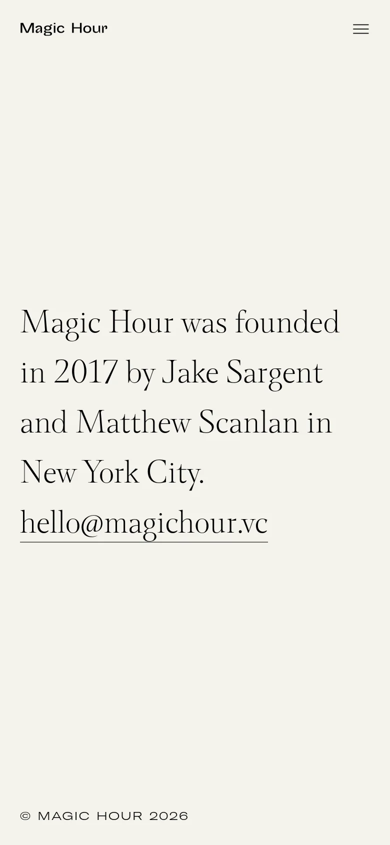 The mobile version maintains the minimalist aesthetic and light gray background but uses a stacked layout for the large serif text. The top navigation is simplified, replacing the text links with a hamburger menu icon next to the Magic Hour logo.