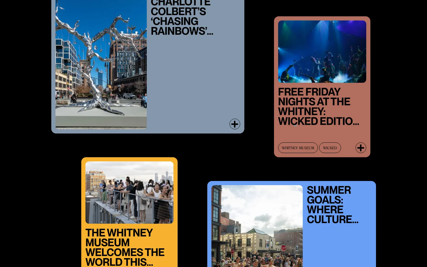 The Meatpacking District homepage features a dark background with a grid of large, colorful content cards showcasing neighborhood events and news. Navigation links for Calendar, Places, and Get to Know Us sit at the top, alongside a weather update. Each card contains a high-quality image, a bold headline, and sometimes a category tag, such as 'Art' or 'Food+Drink'.