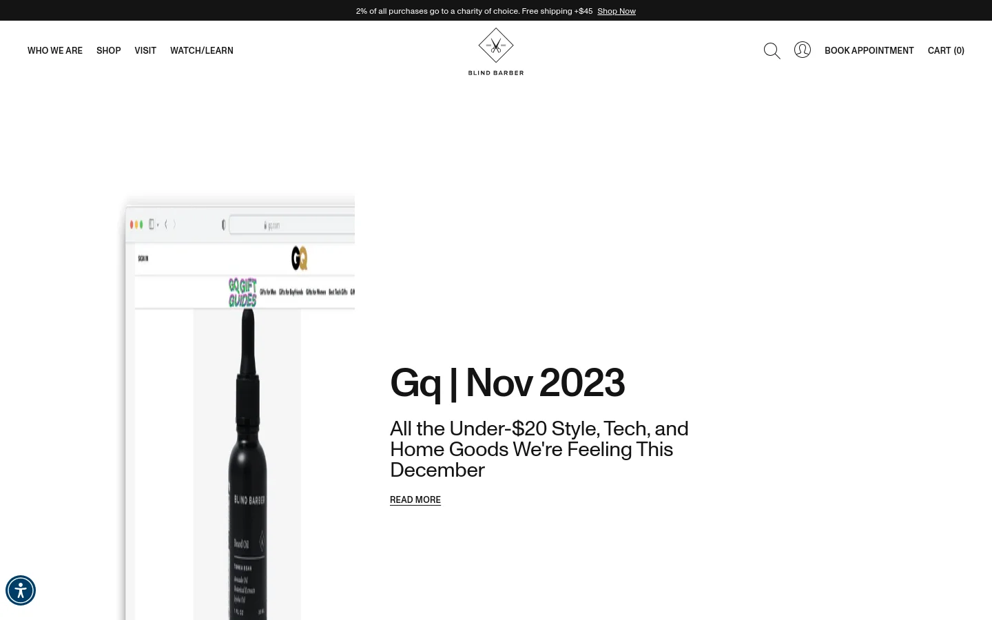The Press page features a clean, white layout with a centered logo and navigation menu at the top. A large feature section displays a screenshot of a GQ article alongside the headline 'Gq | Nov 2023' and a brief description, with a 'READ MORE' call to action below.