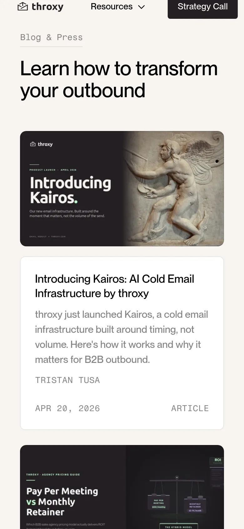throxy blog page in a mobile layout with a single-column stacked design. The hero headline Learn how to transform your outbound is followed by vertically arranged article cards, each featuring full-width imagery and text content.