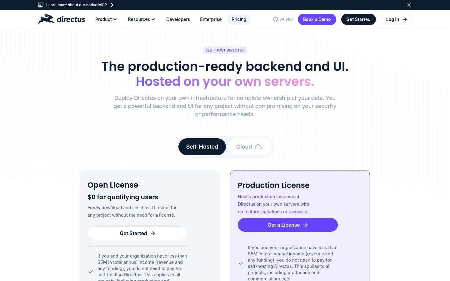 The desktop pricing page features a clean, light layout with a large hero headline stating 'The production-ready backend and UI. Hosted on your own servers.' A toggle switch allows users to choose between 'Self-Hosted' and 'Cloud' options. Below, a card for the 'Open License' offers Directus for $0 for qualifying users with a prominent 'Get Started' button.