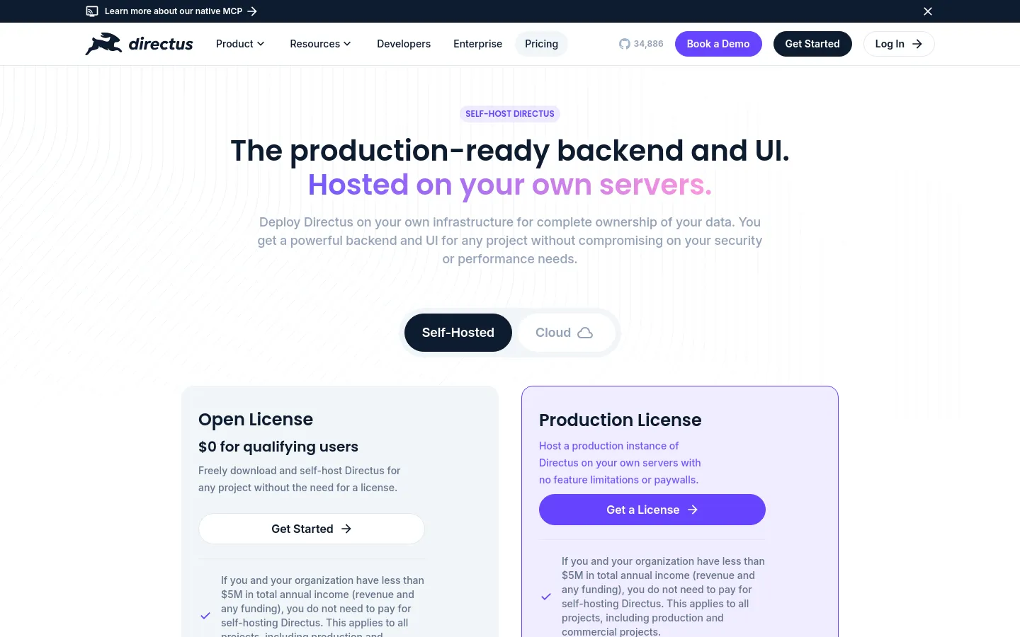 The desktop pricing page features a clean, light layout with a large hero headline stating 'The production-ready backend and UI. Hosted on your own servers.' A toggle switch allows users to choose between 'Self-Hosted' and 'Cloud' options. Below, a card for the 'Open License' offers Directus for $0 for qualifying users with a prominent 'Get Started' button.