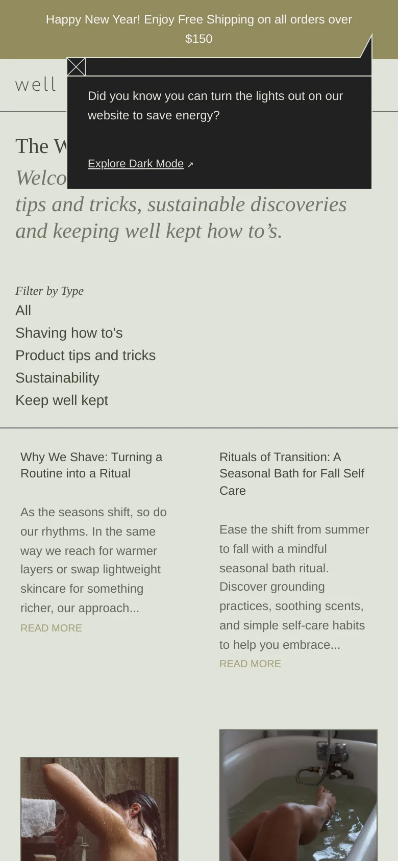 The mobile version presents a single-column vertical layout of the journal blog. The header and 'Filter by Type' menu are stacked at the top, followed by blog posts that span the width of the screen, showing an image, headline, excerpt, and 'READ MORE' link for each entry. The dark 'Dark Mode' notification is also visible as a prominent overlay.