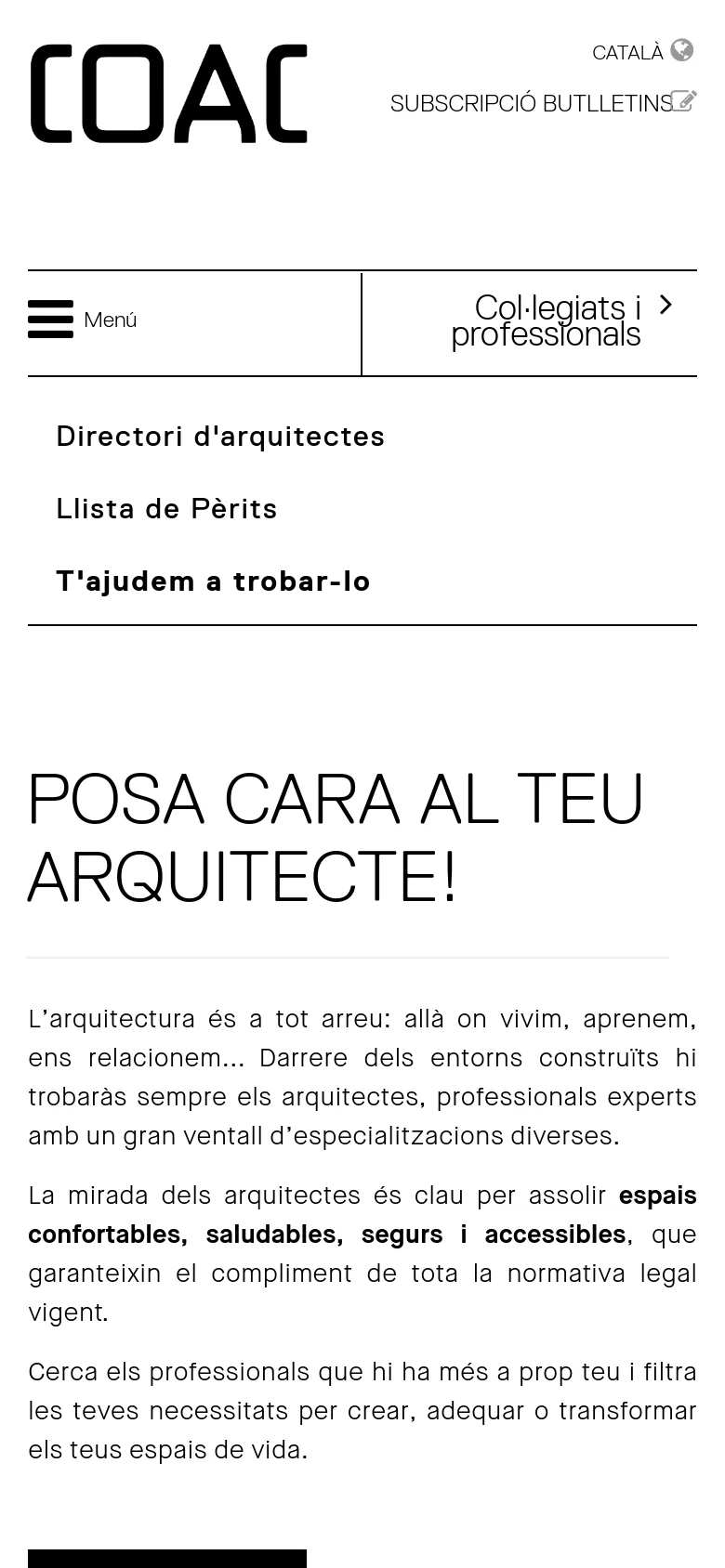 Mobile version of the page with a simplified layout. The header is condensed into a 'Menú' hamburger icon and a 'Col·legiats i professionals' link. The main content features the large headline 'POSA CARA AL TEU ARQUITECTE!' followed by the body text, with the colorful portrait collage and call-to-action button appearing below the text in a single-column vertical stack.