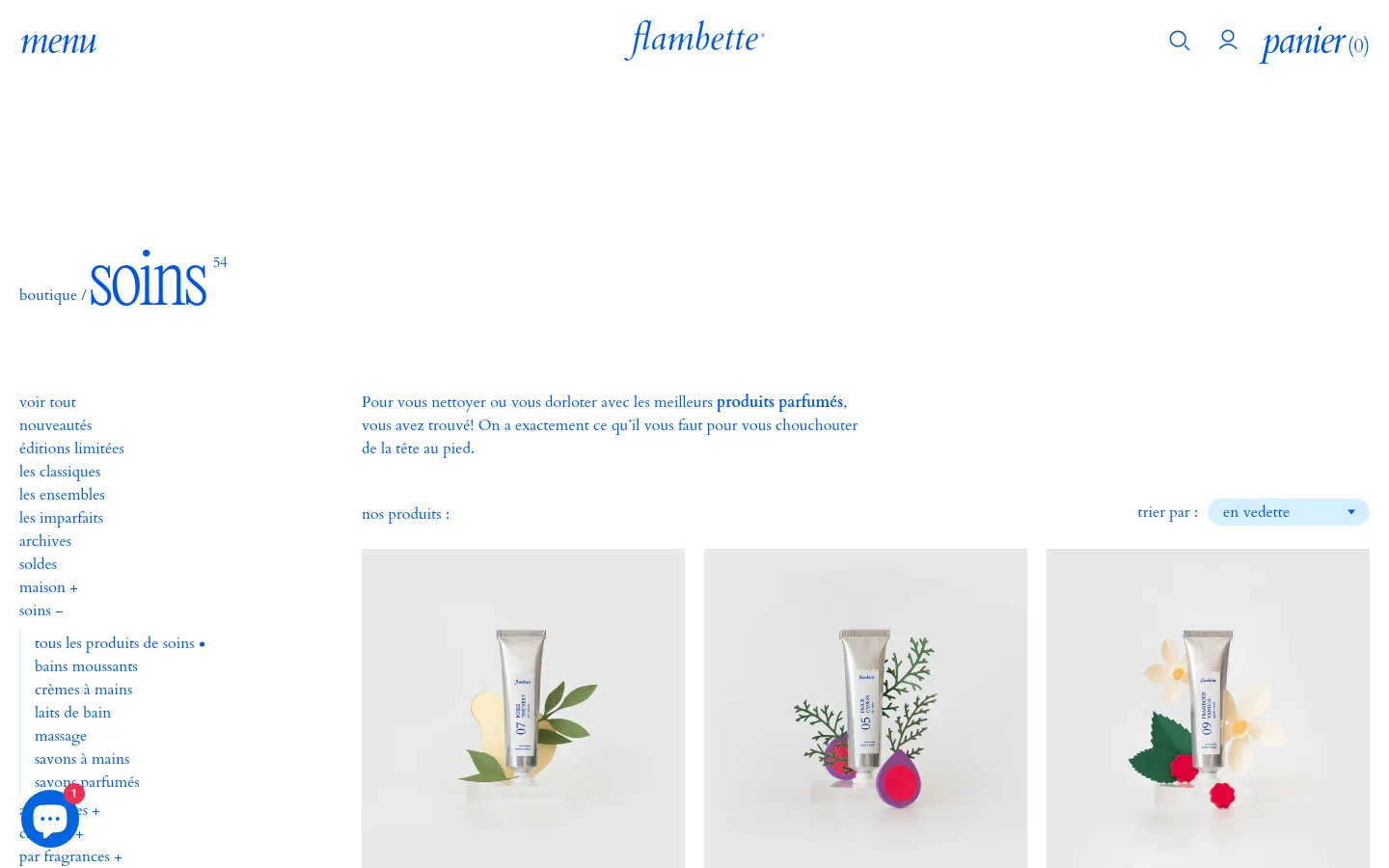 The desktop view shows the 'soins' collection page with a clean, minimalist aesthetic on a white background. A large blue heading 'soins 54' is on the left, accompanied by a descriptive paragraph and a sidebar navigation menu featuring various product categories. Below, a grid displays product images, such as hand creams in tubes, with titles and prices in blue text.
