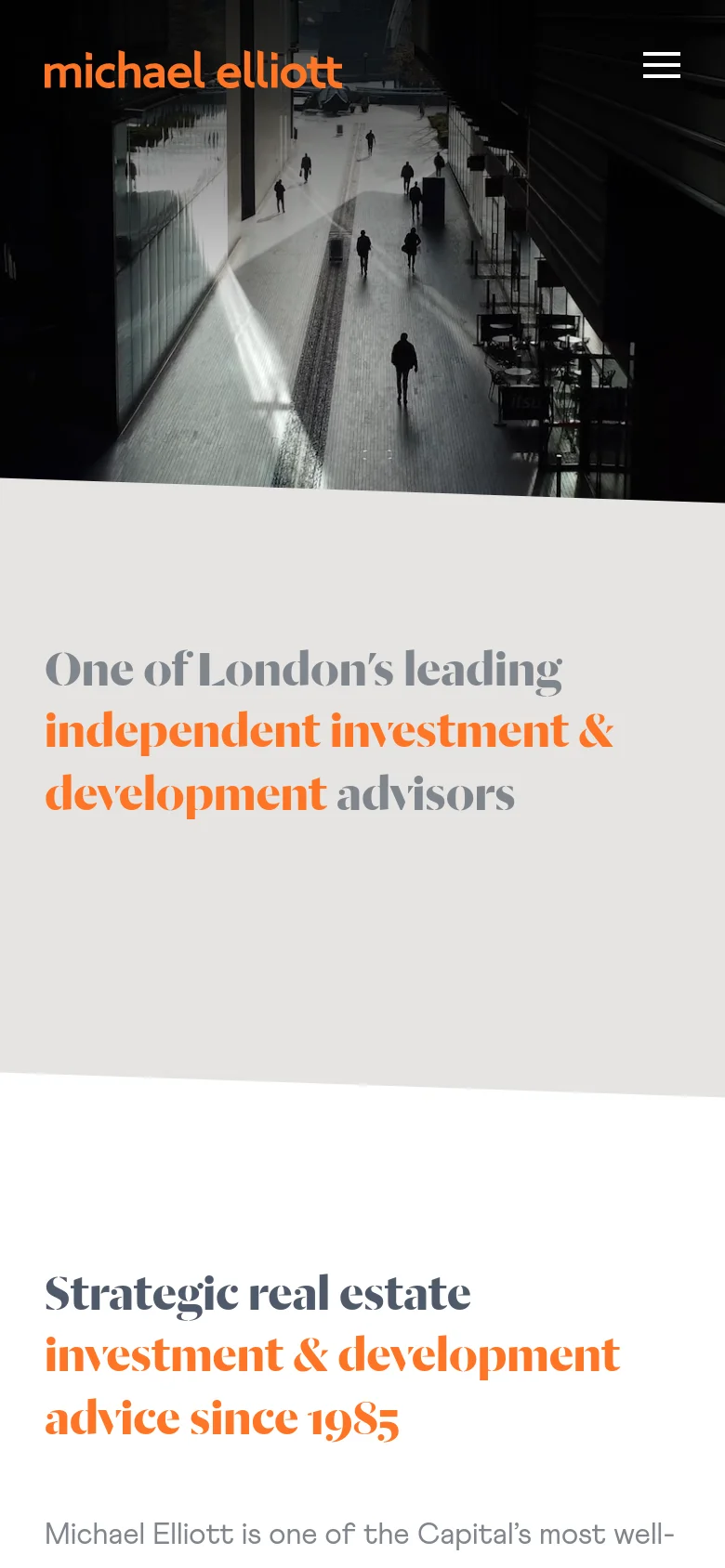 The mobile version uses a stacked layout where a dark, atmospheric image of people walking in a modern urban setting occupies the top of the screen. Below the image, the main headline is centered against a light grey background, with the words 'independent investment & development' highlighted in orange. A hamburger menu icon is visible in the top right corner for navigation.