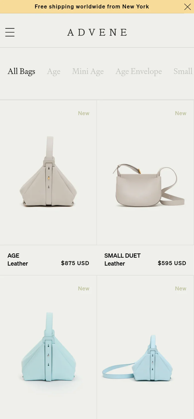 The mobile version presents a simplified view with a hamburger menu icon and the brand name centered at the top. The product collection sub-menu is displayed as a horizontally scrollable list, and the product grid shifts to a two-column layout to optimize screen space. The aesthetic remains clean and minimalist with a focus on large product imagery and clear pricing.