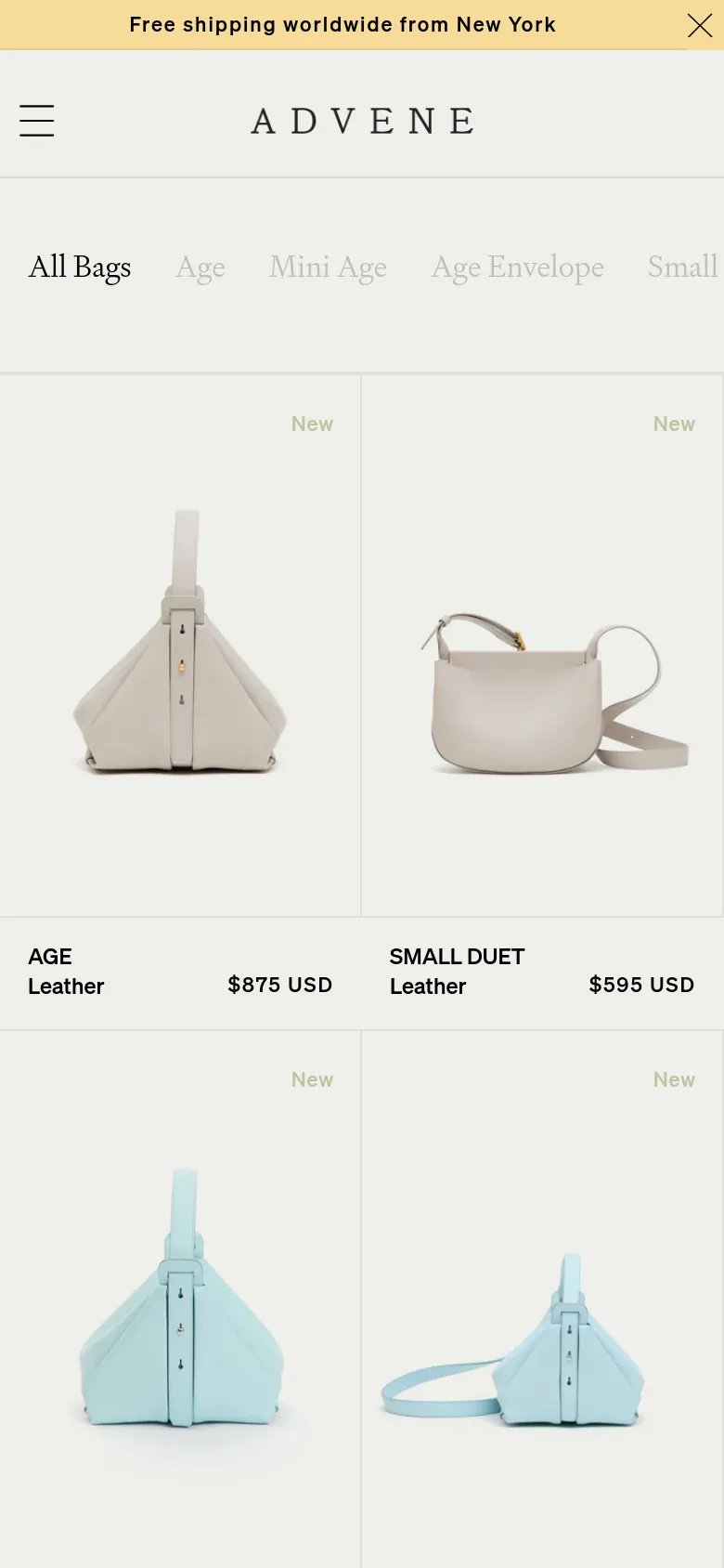 The mobile version presents a simplified view with a hamburger menu icon and the brand name centered at the top. The product collection sub-menu is displayed as a horizontally scrollable list, and the product grid shifts to a two-column layout to optimize screen space. The aesthetic remains clean and minimalist with a focus on large product imagery and clear pricing.