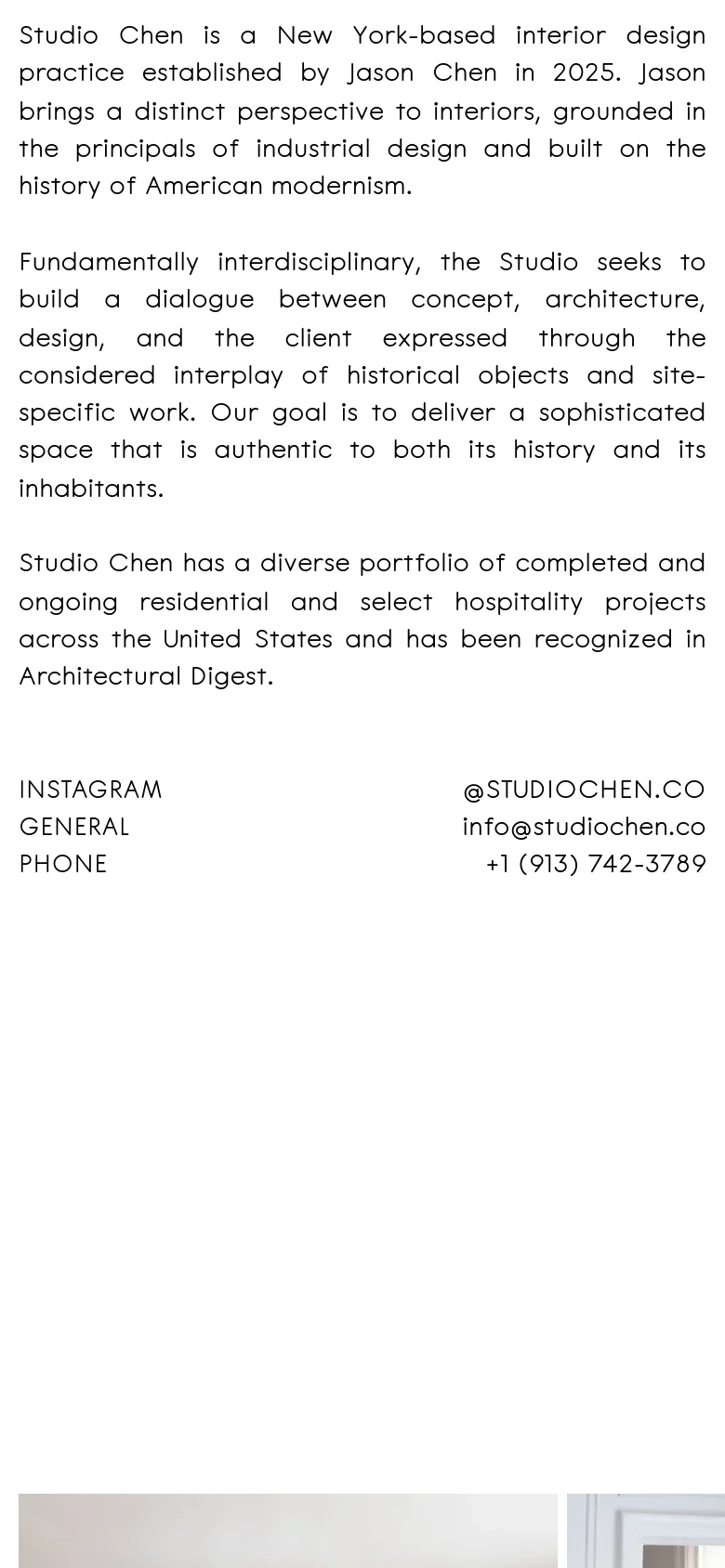 The mobile version maintains the minimalist white and black aesthetic but uses a single-column layout. The introductory text and contact details are stacked vertically, and the gallery images at the bottom are scaled to fit the narrower screen width.