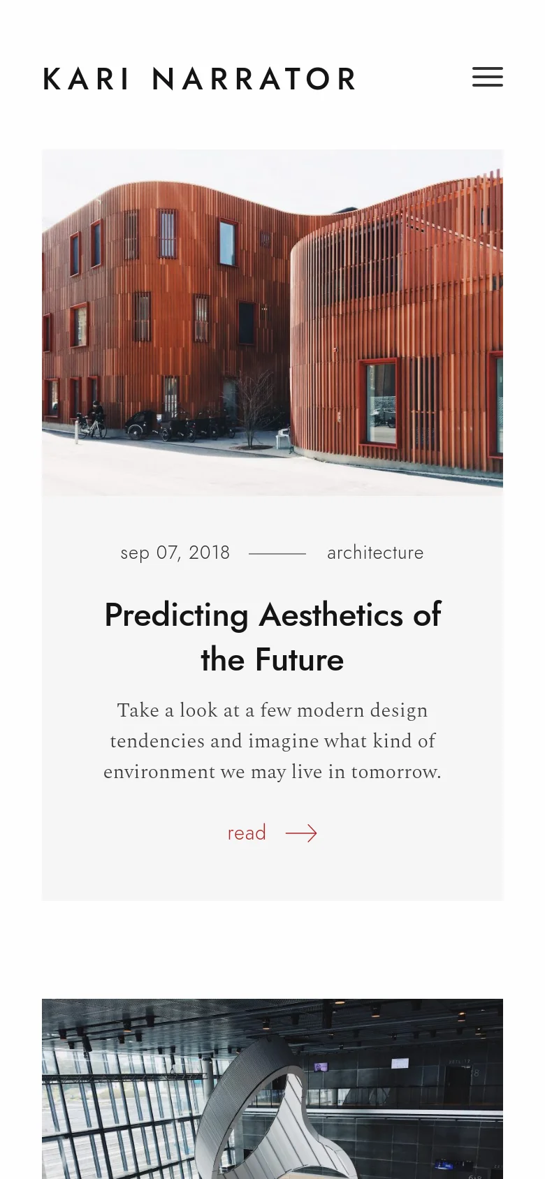 The mobile version of the homepage simplifies the layout into a single-column view. The top navigation is condensed into a hamburger menu icon next to the 'KARI NARRATOR' title. The hero section features the same copper building image, but it is stacked vertically above the article headline, date, and description to fit the narrow screen width.