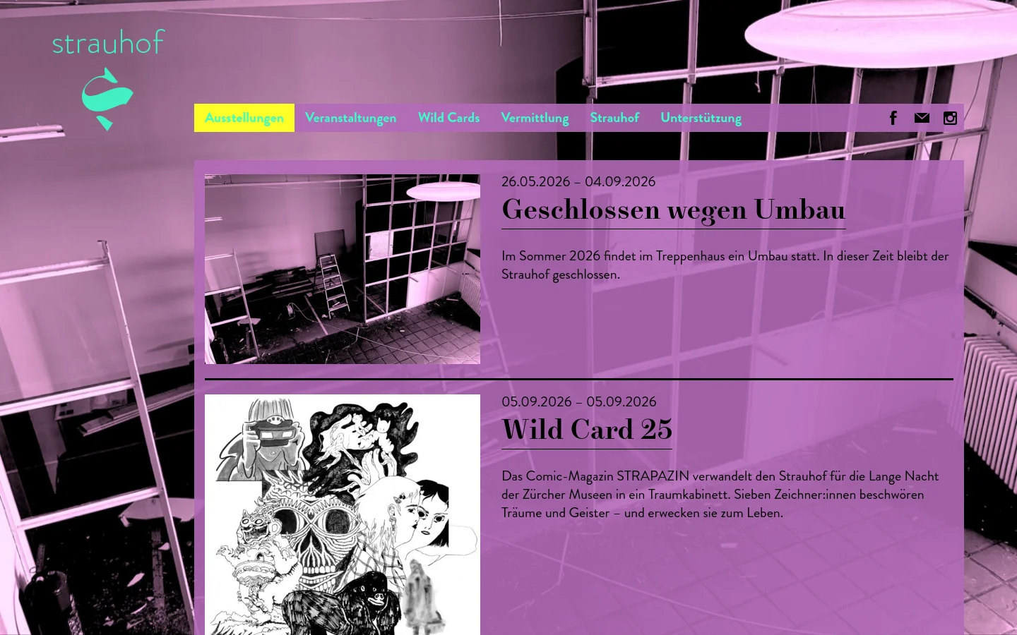 The desktop page features a purple-tinted background image of an interior space with a navigation bar at the top containing links like 'Ausstellungen' and social media icons. Below, a vertical list of exhibition entries displays a large image on the left with the date, headline, and description on the right. The layout uses a clean, grid-like structure with high-contrast dark text on a semi-transparent purple overlay.