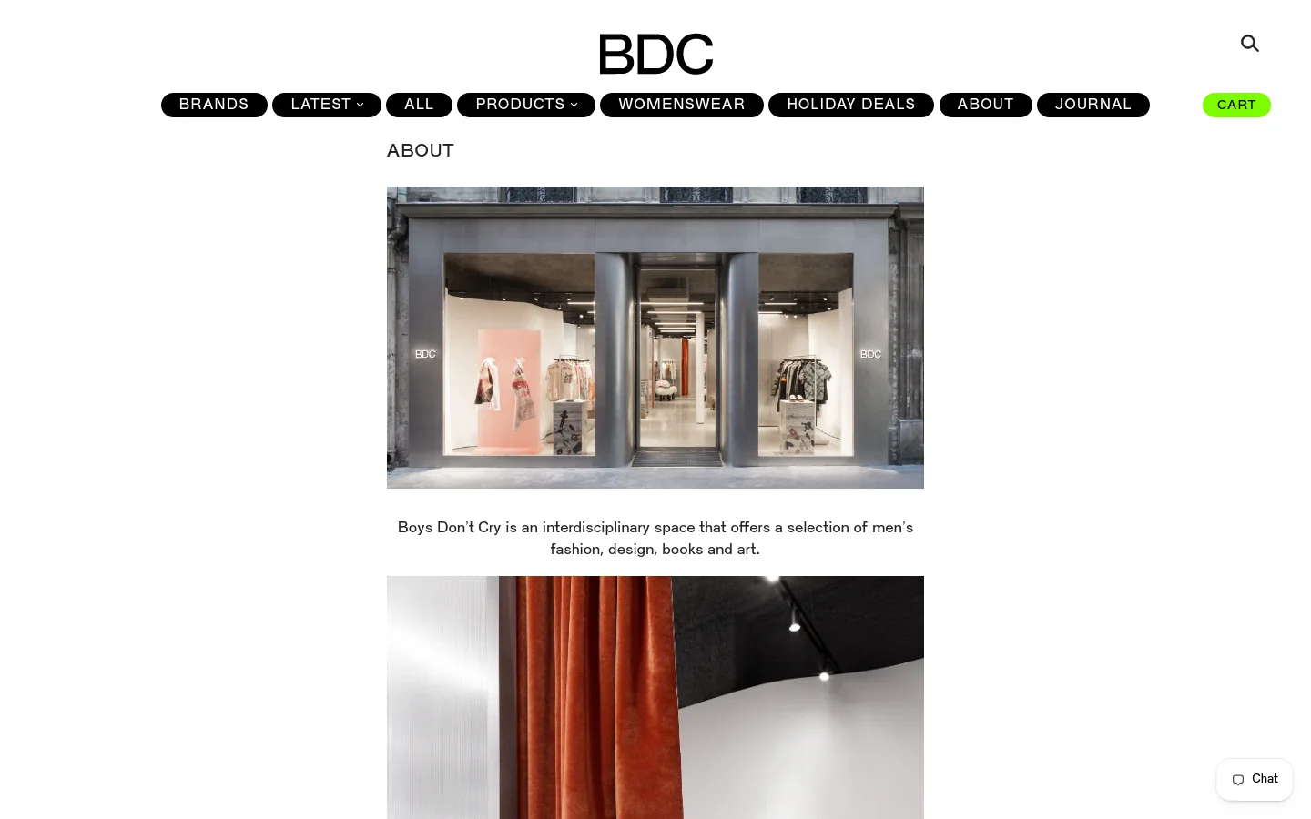 The desktop About page features a minimalist white layout with a centered BDC logo and a black navigation bar containing links like Brands, Products, and Journal. A large hero image shows the modern storefront of the BDC boutique, followed by text describing the shop as an interdisciplinary space for men's fashion, design, books, and art.