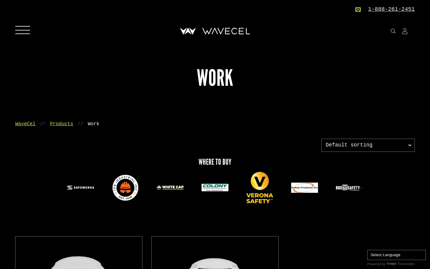 The desktop page features a dark theme with a large white 'WORK' headline and breadcrumb navigation. Below, a 'WHERE TO BUY' section displays a horizontal row of various retailer logos including Safewerks, TPR Industrial, and White Cap. The layout is spacious with a clean, minimalist aesthetic.