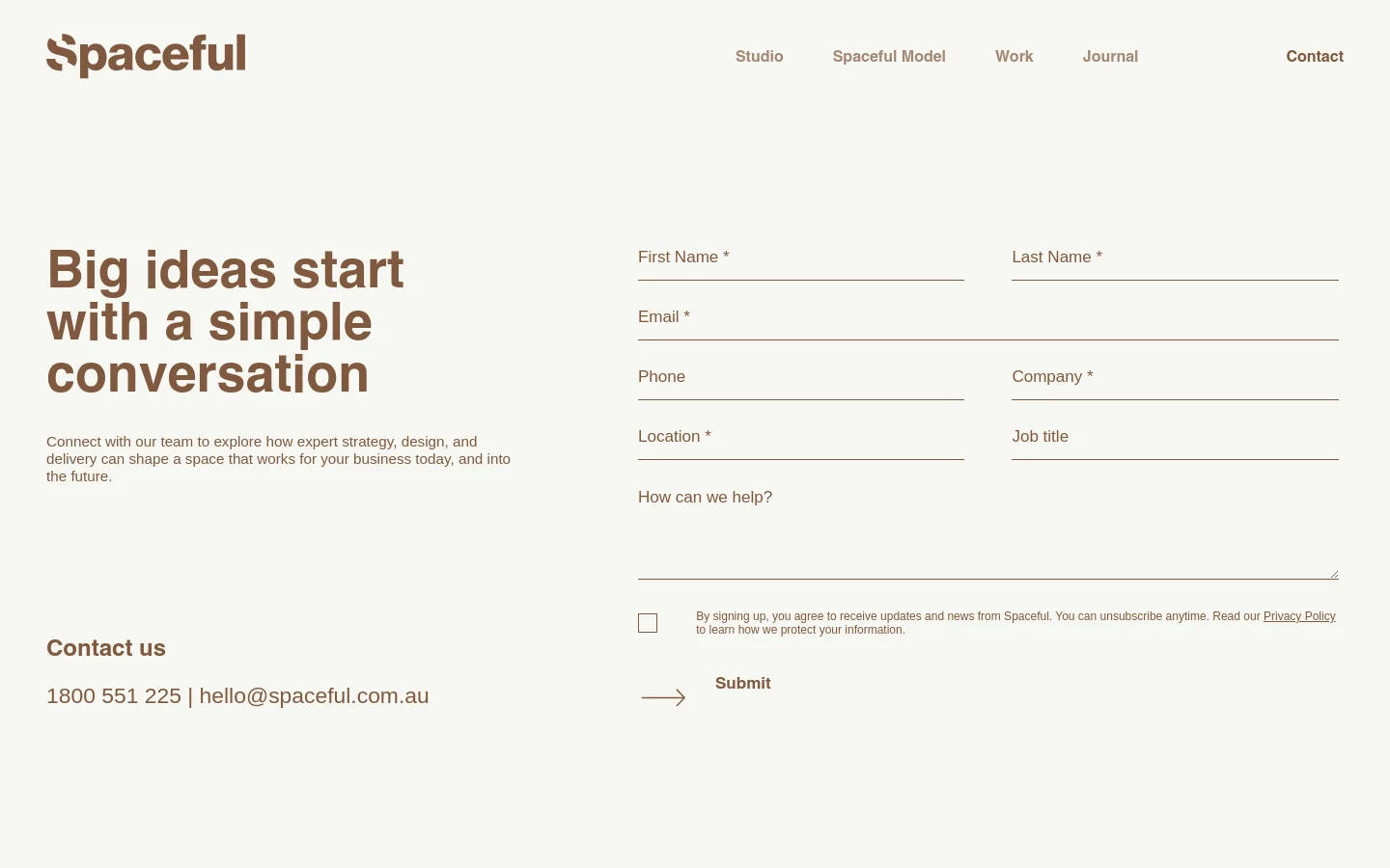The desktop Contact page features a minimalist design with a light beige background. A large headline, 'Big ideas start with a simple conversation,' sits on the left, while a multi-field contact form occupies the right side. The navigation menu is at the top, and contact details including a phone number and email are displayed at the bottom left.