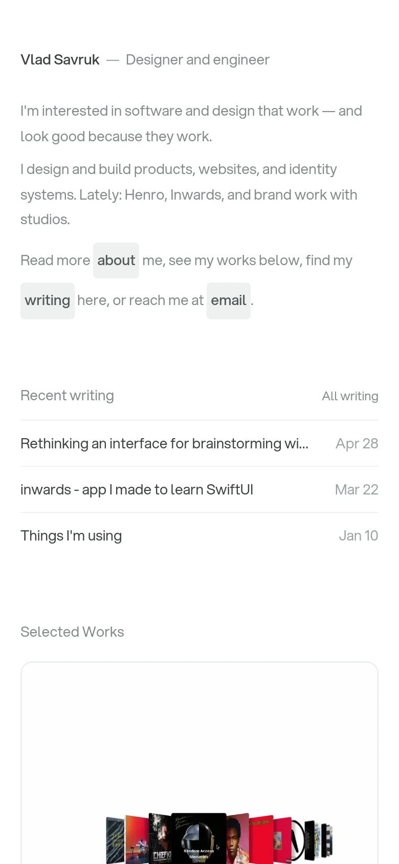 The mobile version maintains the minimalist white and black aesthetic but uses a single-column vertical layout. Text is centered or left-aligned for readability, and the 'Selected Works' images are scaled to fit the narrow screen width.