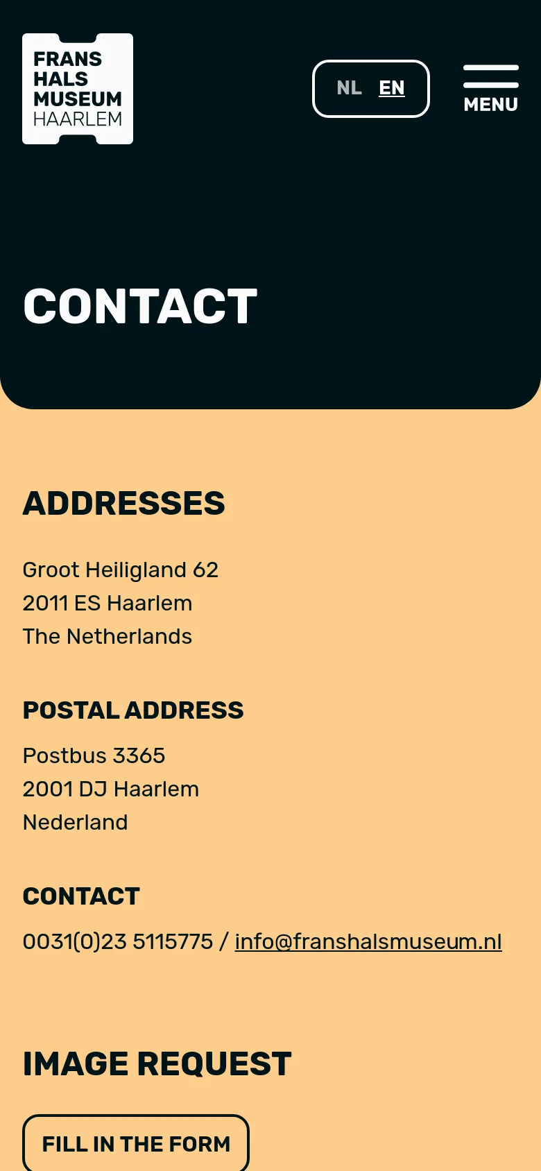 The mobile version simplifies the layout with a condensed header containing the museum logo, a language switcher, and a hamburger menu icon. The contact details and 'Image Request' call-to-action button are stacked vertically on a light orange background for easier scrolling.