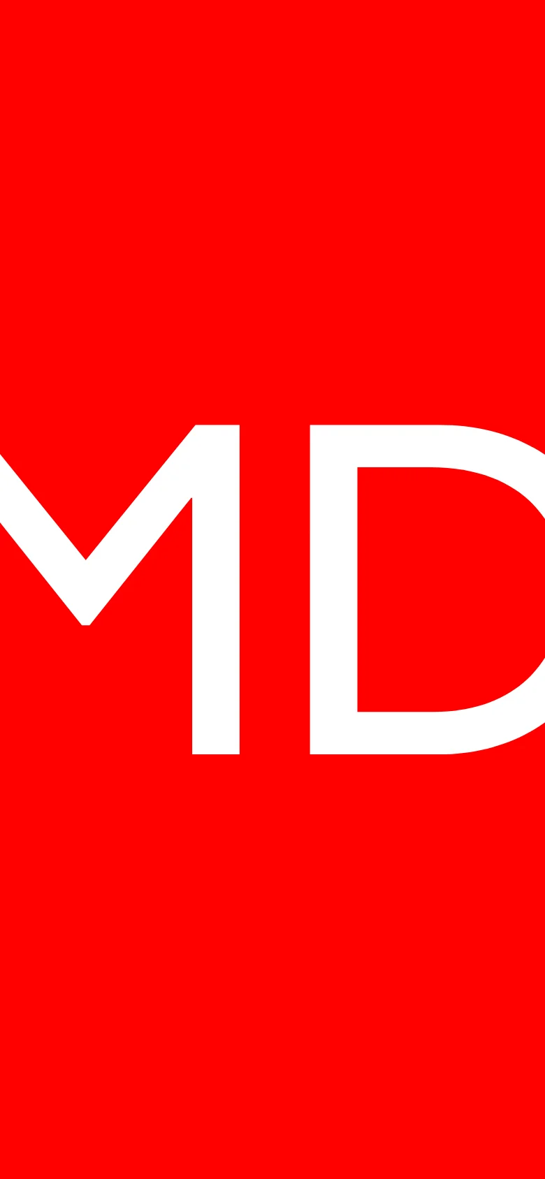 The mobile version maintains the minimalist aesthetic with a single-column vertical layout. The text is stacked for readability, and the large red and white 'MD' branding remains a prominent visual element at the top and bottom of the scroll.