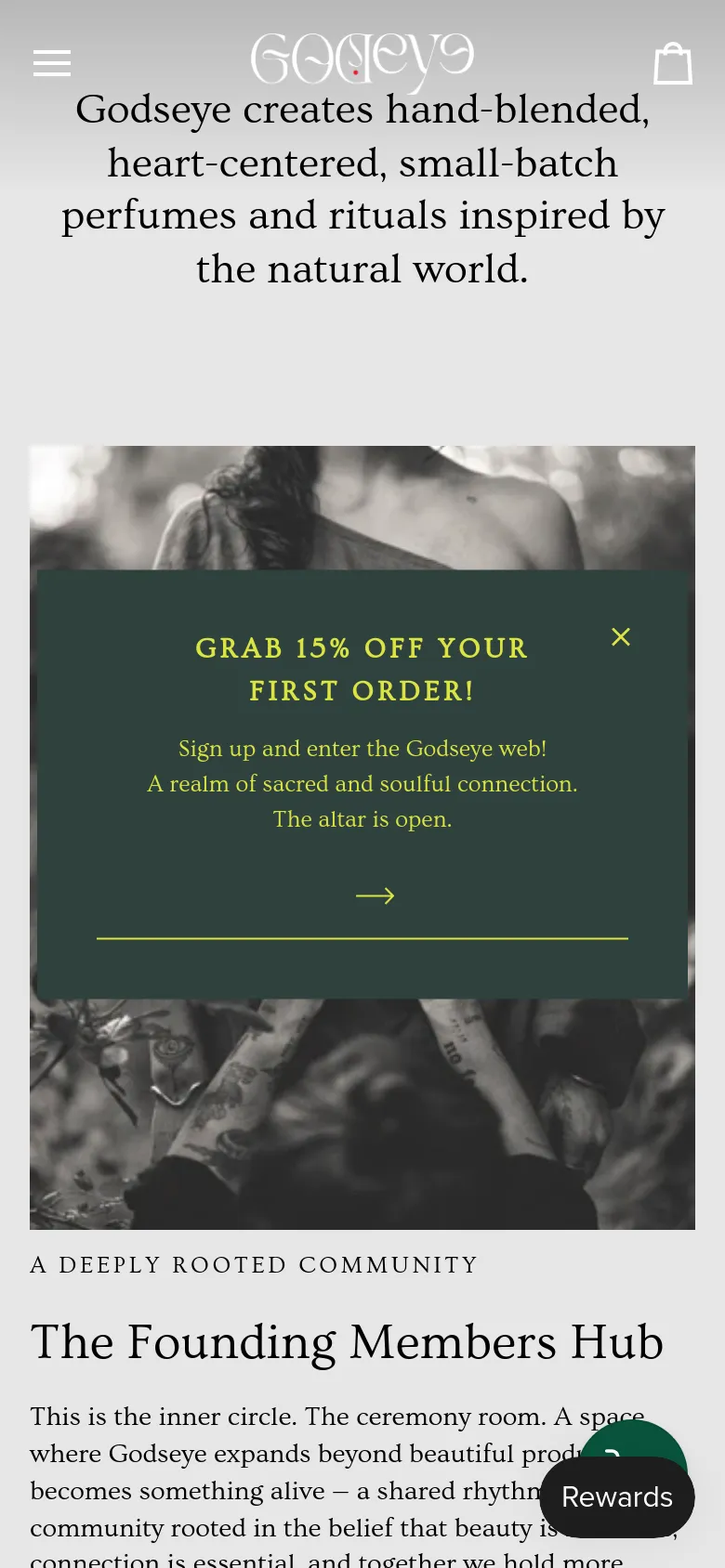The mobile version presents a vertically stacked layout with a hamburger menu and shopping bag icon in the header. The hero text is centered and larger, followed by a full-width pop-up overlay for a discount. Content sections like 'The Founding Members Hub' are condensed into a single column for easier scrolling.