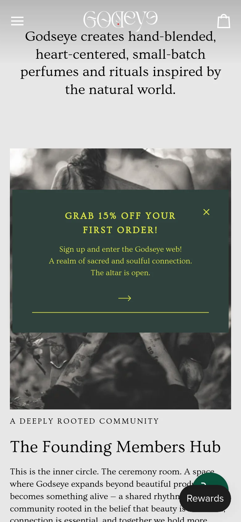The mobile version presents a vertically stacked layout with a hamburger menu and shopping bag icon in the header. The hero text is centered and larger, followed by a full-width pop-up overlay for a discount. Content sections like 'The Founding Members Hub' are condensed into a single column for easier scrolling.