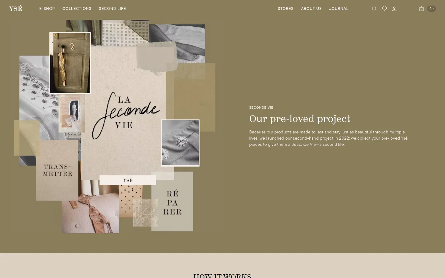 The desktop version features a wide hero section with a muted olive green background. On the left, a collage of textured fabric scraps, vintage-style photos, and handwritten text like 'LA seconde VIE' is displayed, while the right side contains the headline 'Our pre-loved project' and introductory text. A minimalist white navigation bar sits at the top.