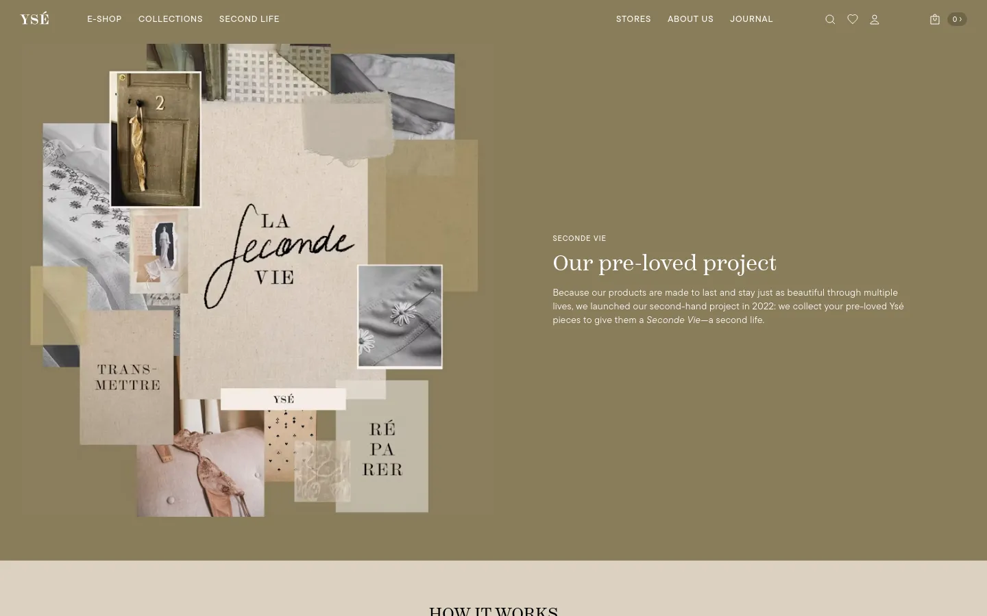 The desktop version features a wide hero section with a muted olive green background. On the left, a collage of textured fabric scraps, vintage-style photos, and handwritten text like 'LA seconde VIE' is displayed, while the right side contains the headline 'Our pre-loved project' and introductory text. A minimalist white navigation bar sits at the top.