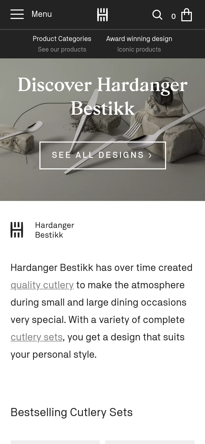 The mobile version presents a vertically stacked layout starting with a hero image of cutlery on stones and the 'Discover Hardanger Bestikk' headline. The navigation menu and search icon are condensed into a top bar. The product grid transitions to a single-column view for easier scrolling on smaller screens.