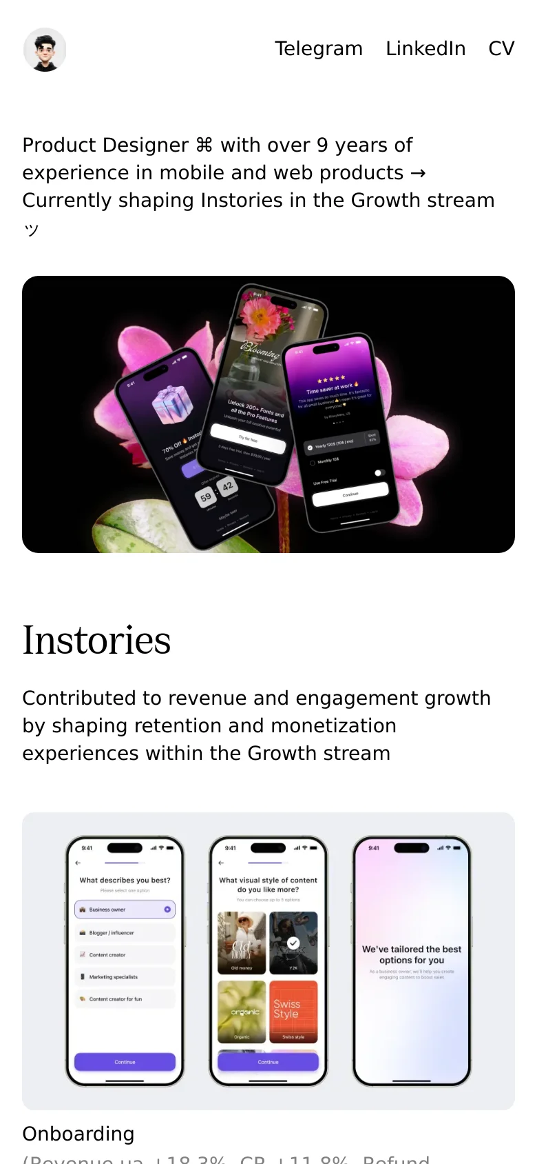 Mobile version of the homepage, which utilizes a single-column vertical layout. The navigation links are stacked or simplified, and the large hero image of the festive mobile app interface scales down to fit the narrow screen width. The text content and project screenshots are arranged vertically to ensure readability on a small device.