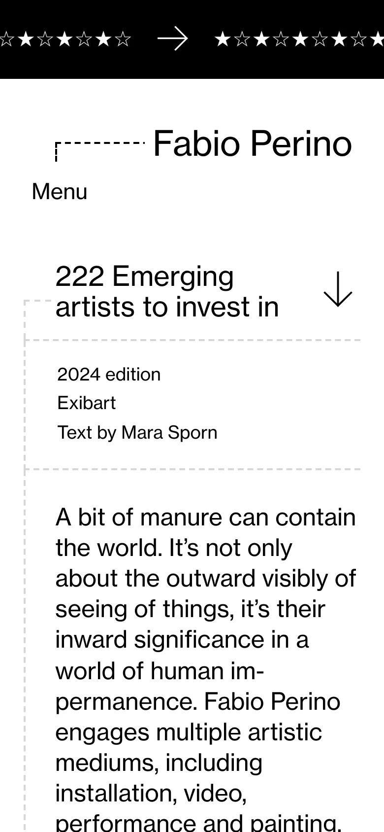 The mobile version simplifies the layout, moving the navigation into a 'Menu' label below the artist's name. The content remains centered and vertically stacked, focusing on the large headline '222 Emerging artists to invest in' and the subsequent text, with the top star decoration scaled to fit the narrower screen.